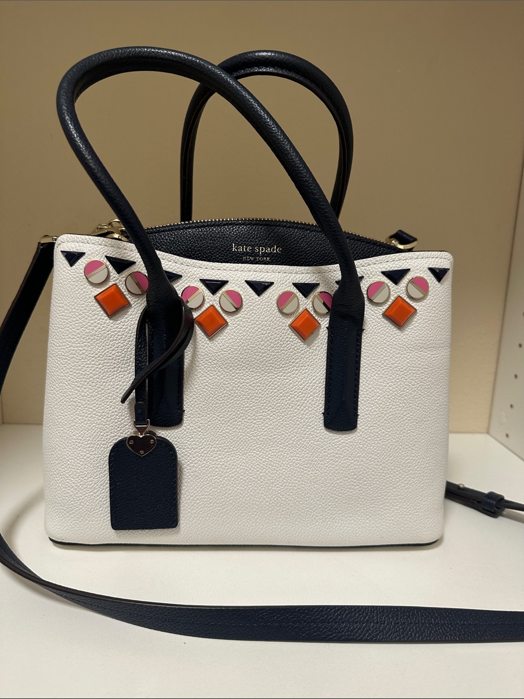 Kate Spade Margaux White And Navy Pebbled Satchel With Pink And Orange Studs
